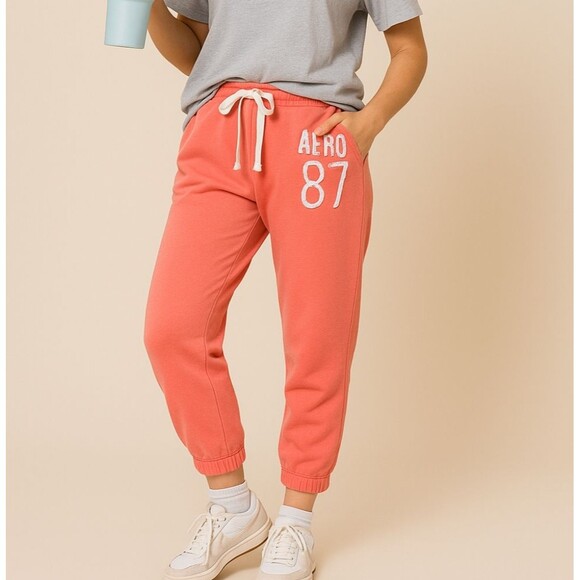 Aeropostale Sweatpants “Aero 87” L Coral Cropped Embroidered Logo Joggers Visco - Picture 1 of 8